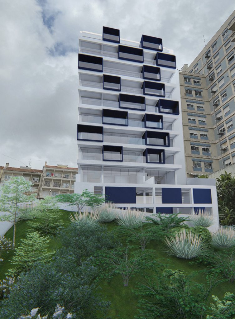 Imagem tridimensional apresentando a Fachada posterior no projeto Habitação Benfica, localizado em Lisboa, Portugal.