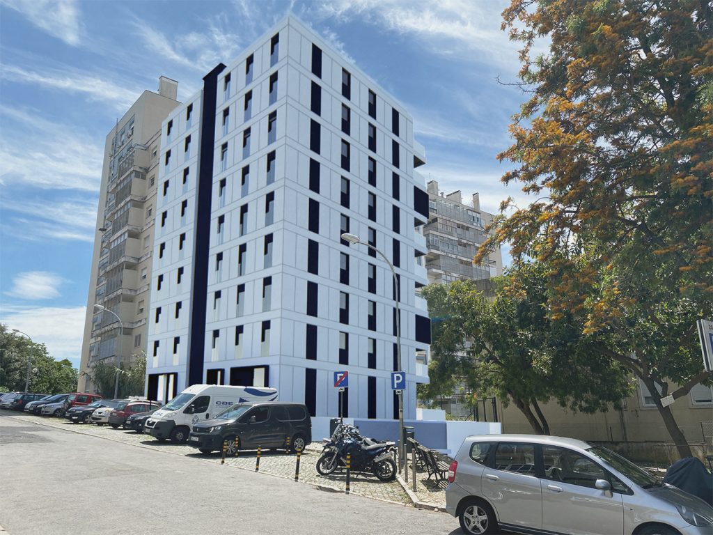 Imagem tridimensional apresentando a Fachadas, cores e enquadramento no projeto Habitação Benfica, localizado em Lisboa, Portugal.
