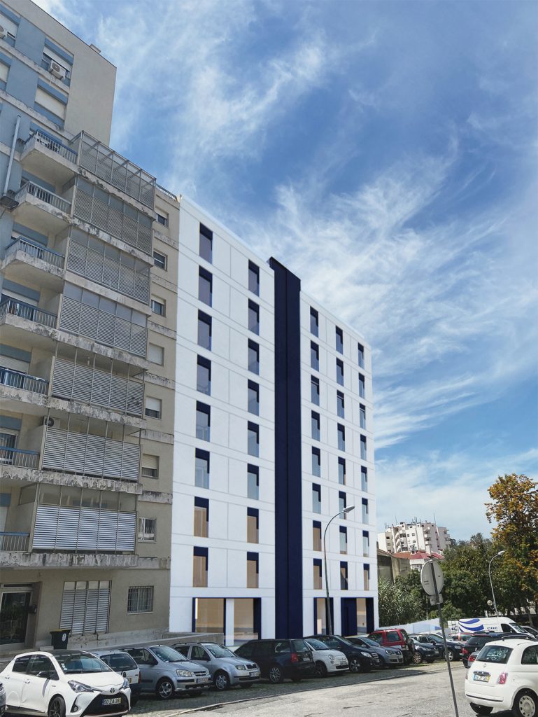 Imagem tridimensional apresentando o Enquadramento da fachada principal no projeto Habitação Benfica, localizado em Lisboa, Portugal.