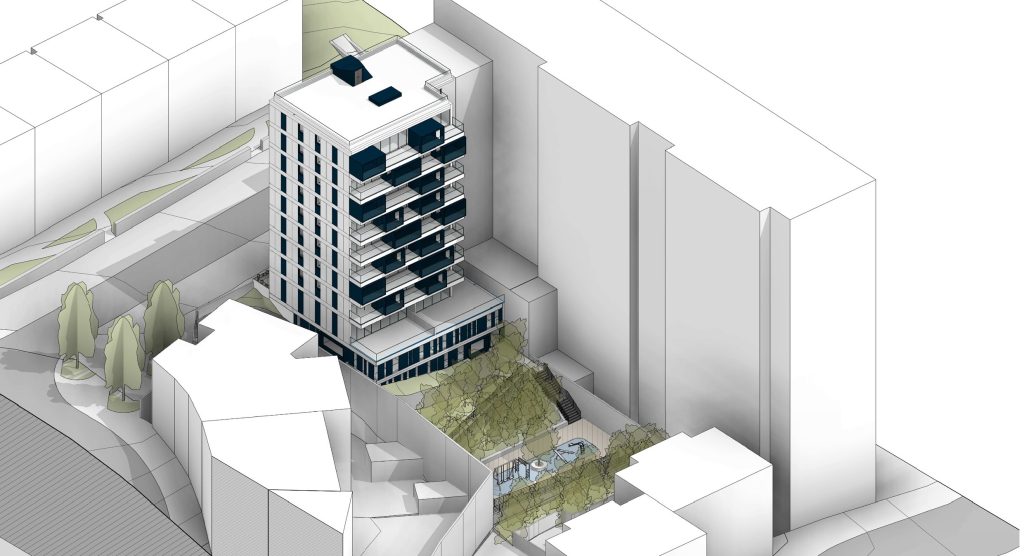 Axonometria apresentando a Vista aérea posterior no projeto Habitação Benfica, localizado em Lisboa, Portugal.