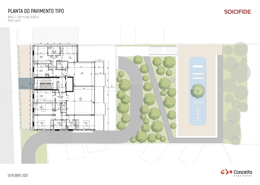 Planta apresentando o Layout proposto e paisagismo no projeto Habitação Benfica, localizado em Lisboa, Portugal.