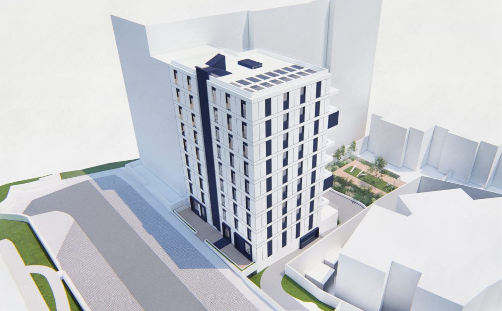 Imagem tridimensional apresentando a Simulação e perspectiva aérea do edifício proposto no projeto Habitação Benfica, localizado em Lisboa, Portugal.