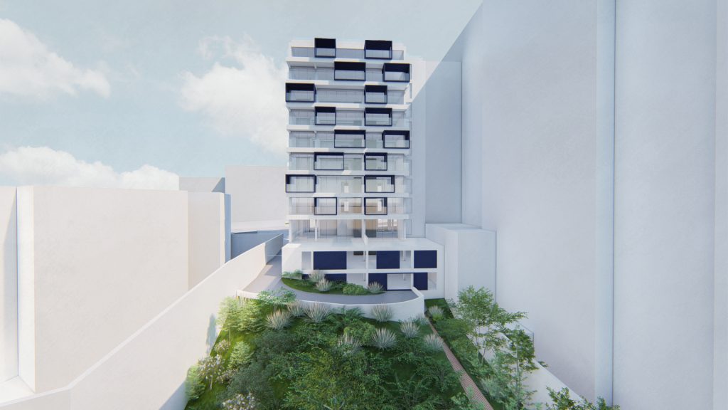 Imagem tridimensional apresentando o Jardim e fachada posterior no projeto Habitação Benfica, localizado em Lisboa, Portugal.