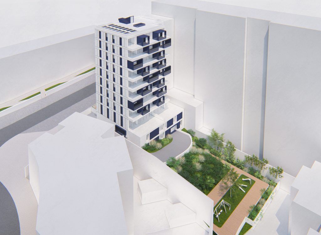 Imagem tridimensional apresentando a Simulação e perspectiva aérea do edifício e jardim proposto no projeto Habitação Benfica, localizado em Lisboa, Portugal.