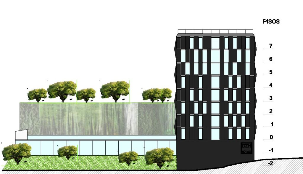 Alçado apresentando a Proposta, ritmo e escala no projeto Hotel Uberaba, localizado em Minas Gerais, Brasil.