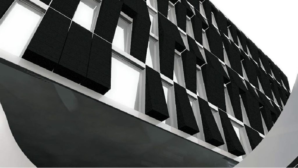 Perspectiva apresentando o Detalhe da composição de fachada no projeto Hotel Uberaba, localizado em Minas Gerais, Brasil.