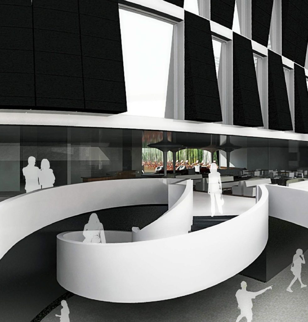 Perspectiva apresentando o Detalhe do traçado da escada no projeto Hotel Uberaba, localizado em Minas Gerais, Brasil.