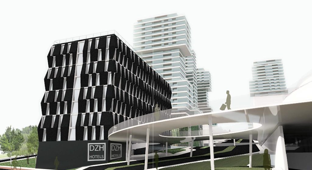 Perspectiva apresentando a Vista da rampa e envolvente no projeto Hotel Uberaba, localizado em Minas Gerais, Brasil.