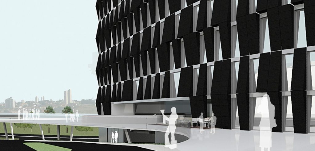 Perspectiva apresentando a Vista aproximada do acesso à entrada principal no projeto Hotel Uberaba, localizado em Minas Gerais, Brasil.