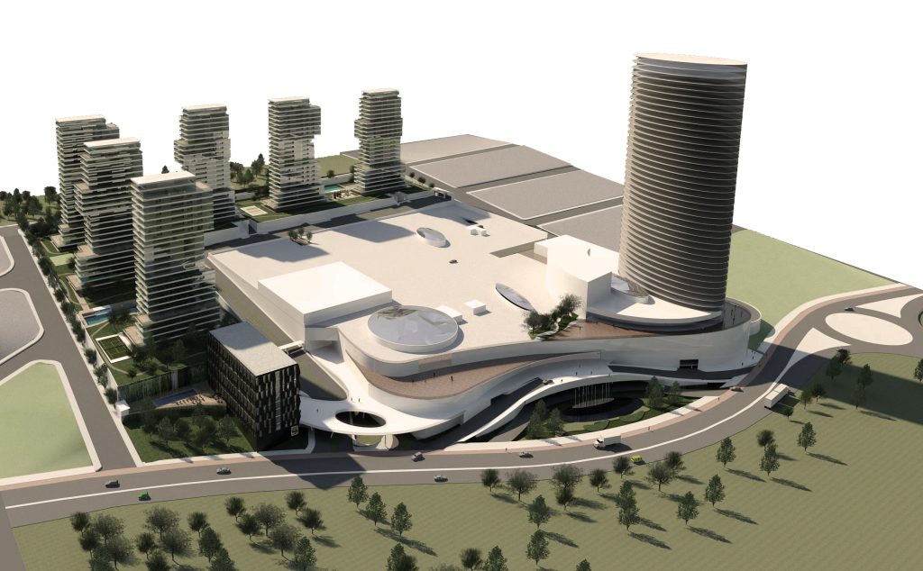 Imagem tridimensional apresentando a Volumetria e enquadramento urbano no projeto Hotel Uberaba, localizado em Minas Gerais, Brasil.