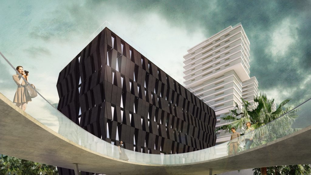 Imagem tridimensional apresentando a Perspetiva exterior da fachada e acesso no projeto Hotel Uberaba, localizado em Minas Gerais, Brasil.