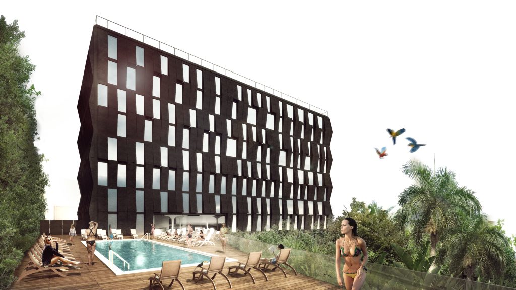 Imagem tridimensional apresentando o Perspetiva exterior da piscina no projeto Hotel Uberaba, localizado em Minas Gerais, Brasil.