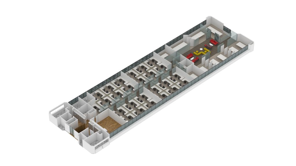 Axonometria apresentando o Layout e design do espaço no projeto HP, localizado em Araraquara, Brasil.