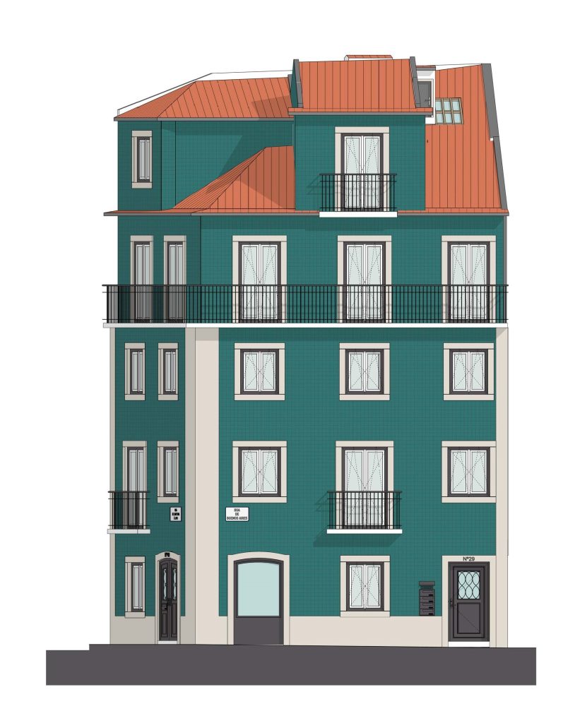 Alçado apresentando a Fachada principal no projeto Lapa, localizado em Lisboa, Portugal.