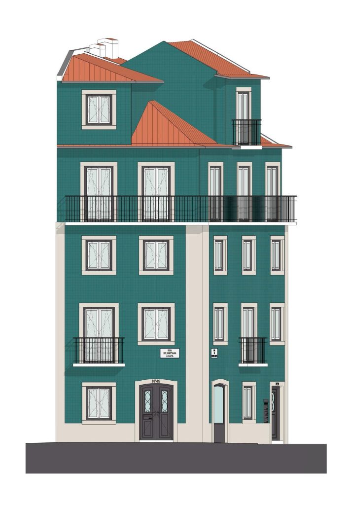 Alçado apresentando a Fachada lateral no projeto Lapa, localizado em Lisboa, Portugal.