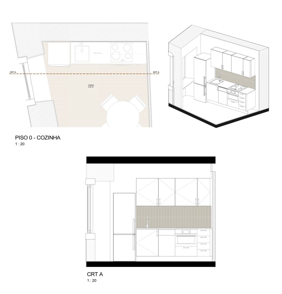 Desenhos apresentando o Detalhe da cozinha do piso 0 no projeto Lapa, localizado em Lisboa, Portugal.