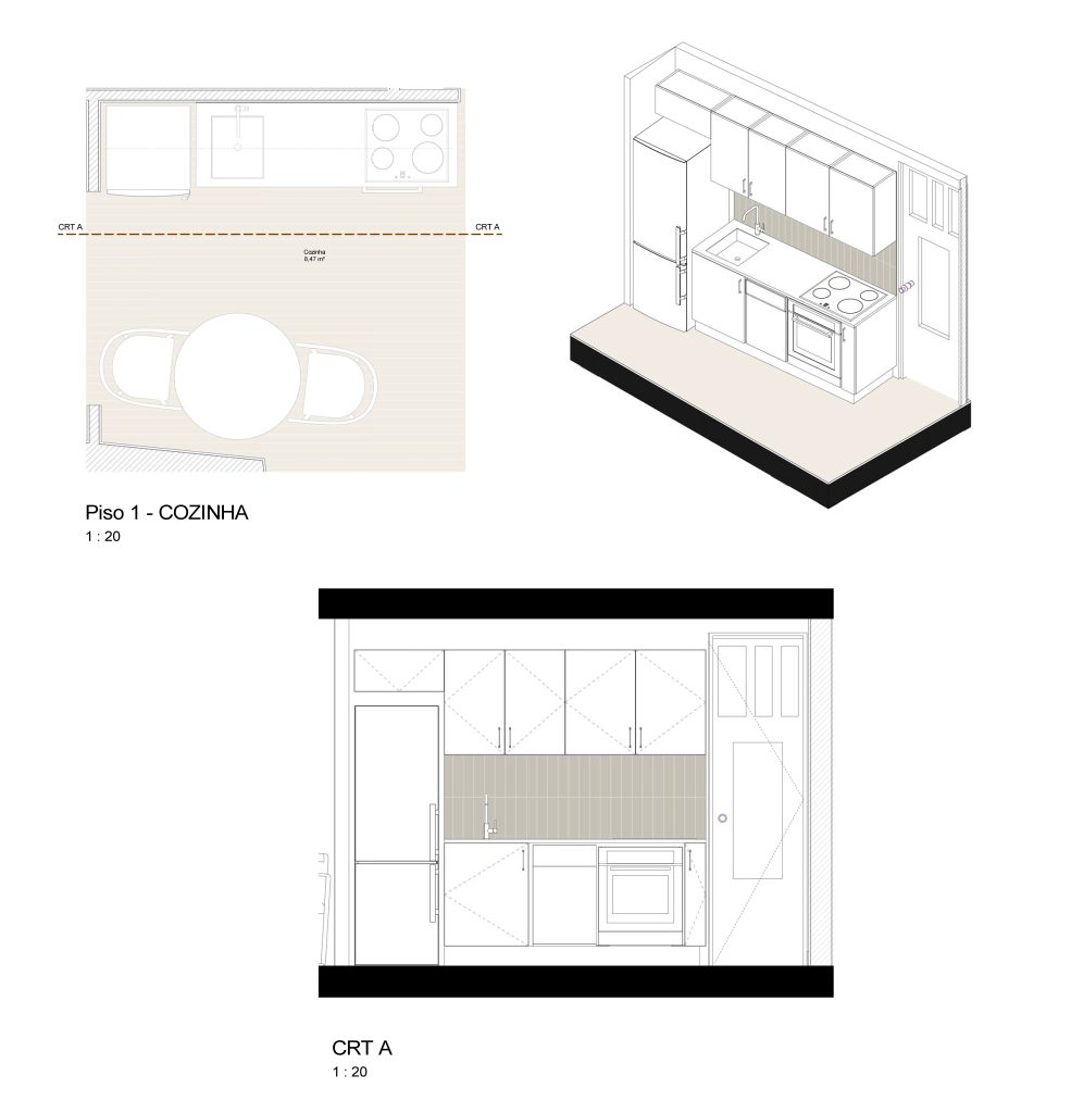 Desenhos apresentando o Detalhe da cozinha do piso 1 no projeto Lapa, localizado em Lisboa, Portugal.