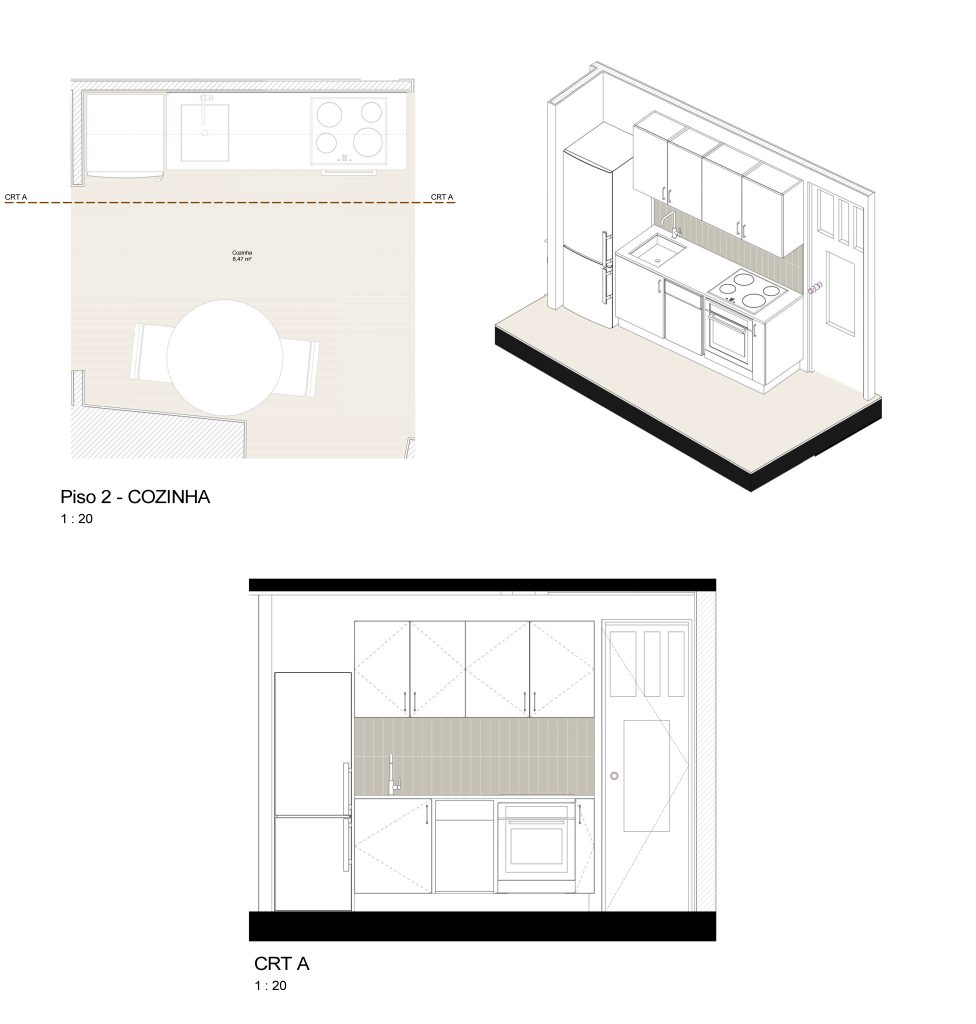 Desenhos apresentando o Detalhe da cozinha do piso 2 no projeto Lapa, localizado em Lisboa, Portugal.