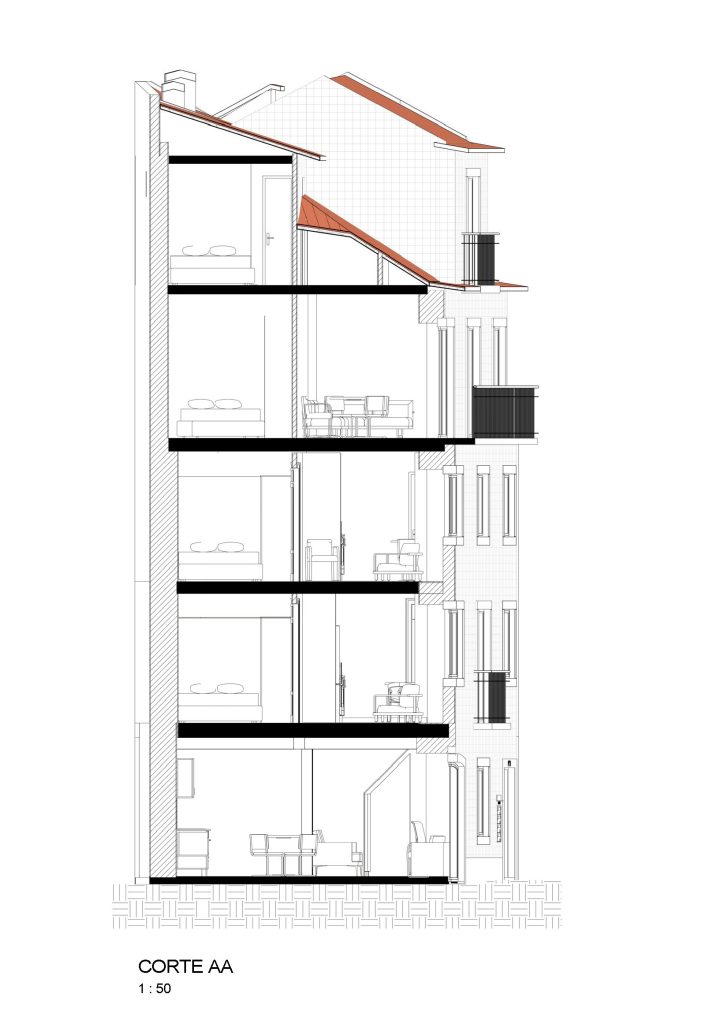 Corte apresentando a Proposta e escala do edifício no projeto Lapa, localizado em Lisboa, Portugal.
