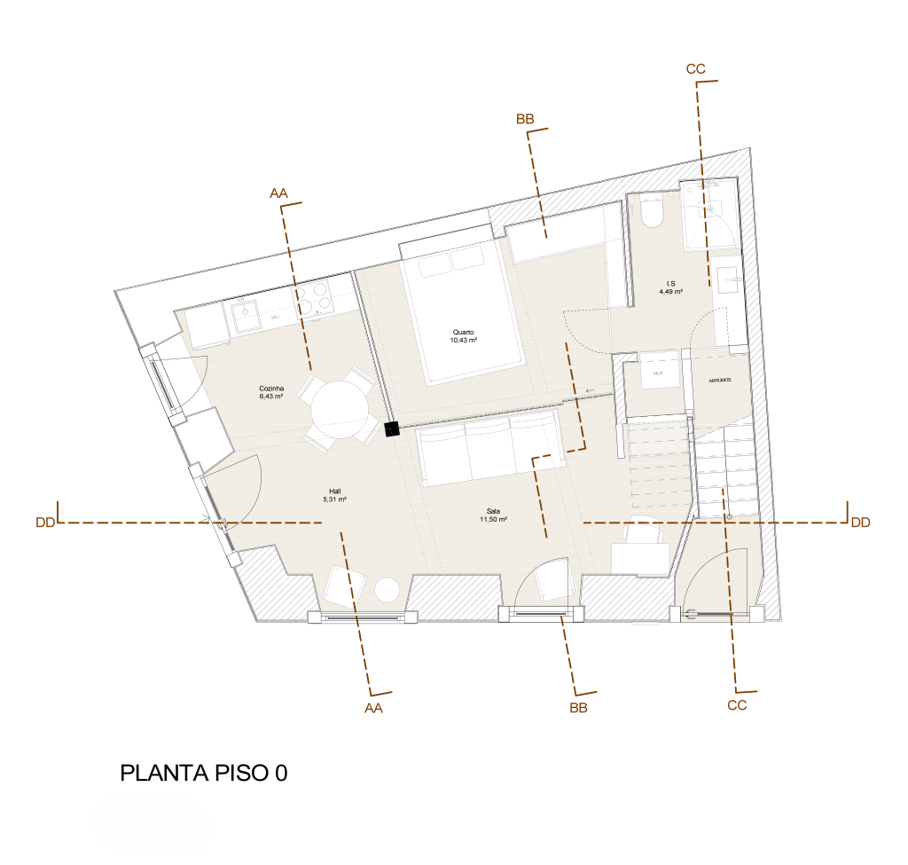 Planta apresentando a Proposta e layout Piso 0 no projeto Lapa, localizado em Lisboa, Portugal.