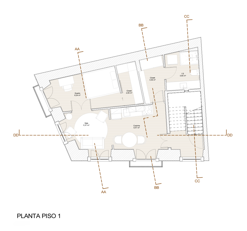 Planta apresentando a Proposta e layout Piso 1 no projeto Lapa, localizado em Lisboa, Portugal.