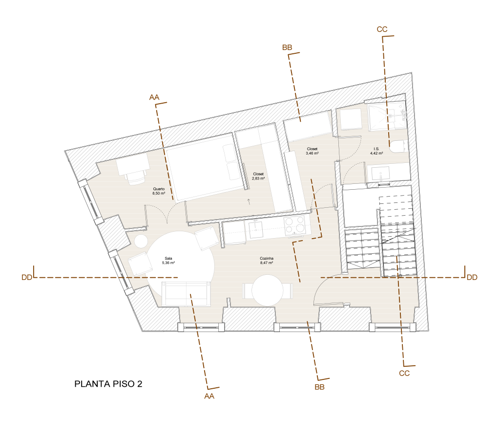 Planta apresentando a Proposta e layout Piso 2 no projeto Lapa, localizado em Lisboa, Portugal.