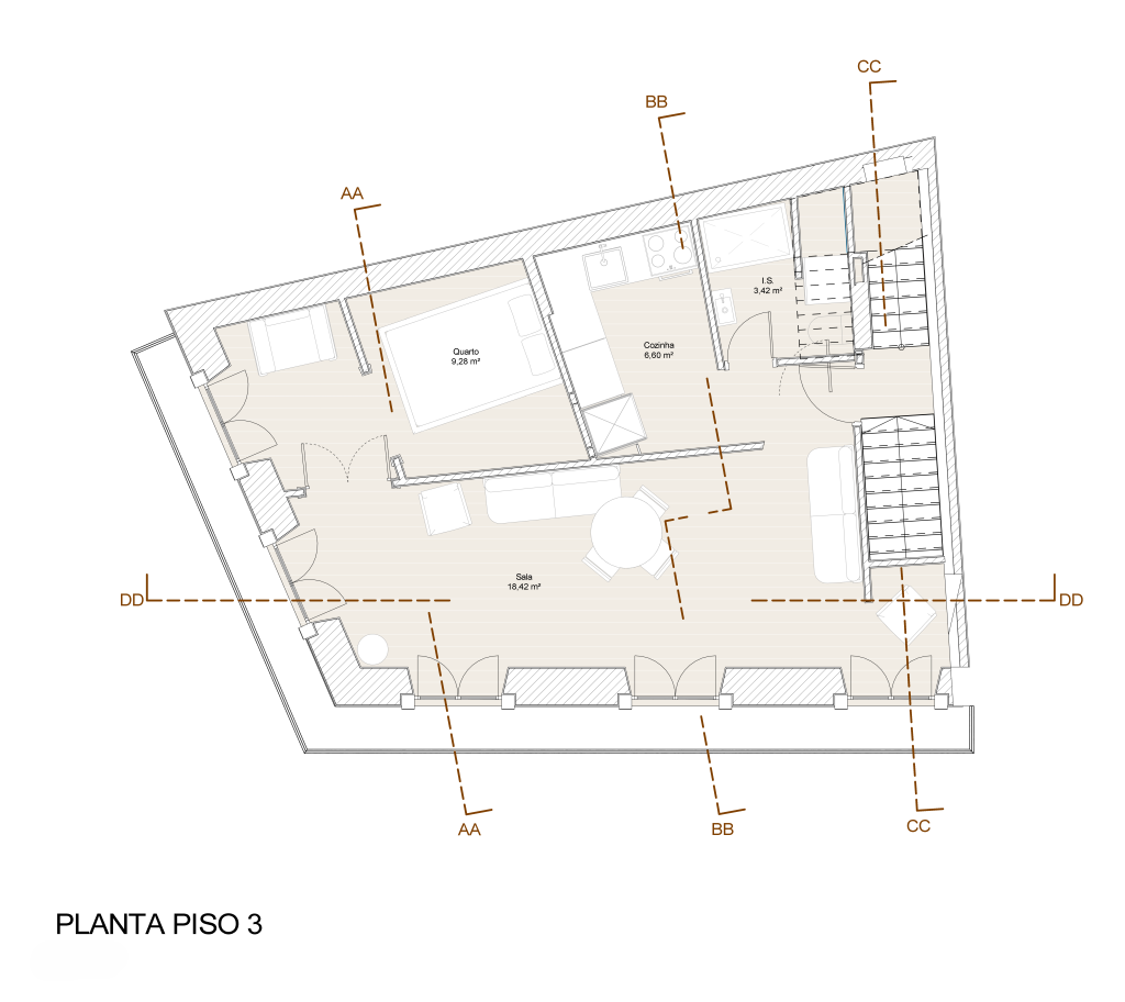 Planta apresentando a Proposta e layout Piso 3 no projeto Lapa, localizado em Lisboa, Portugal.