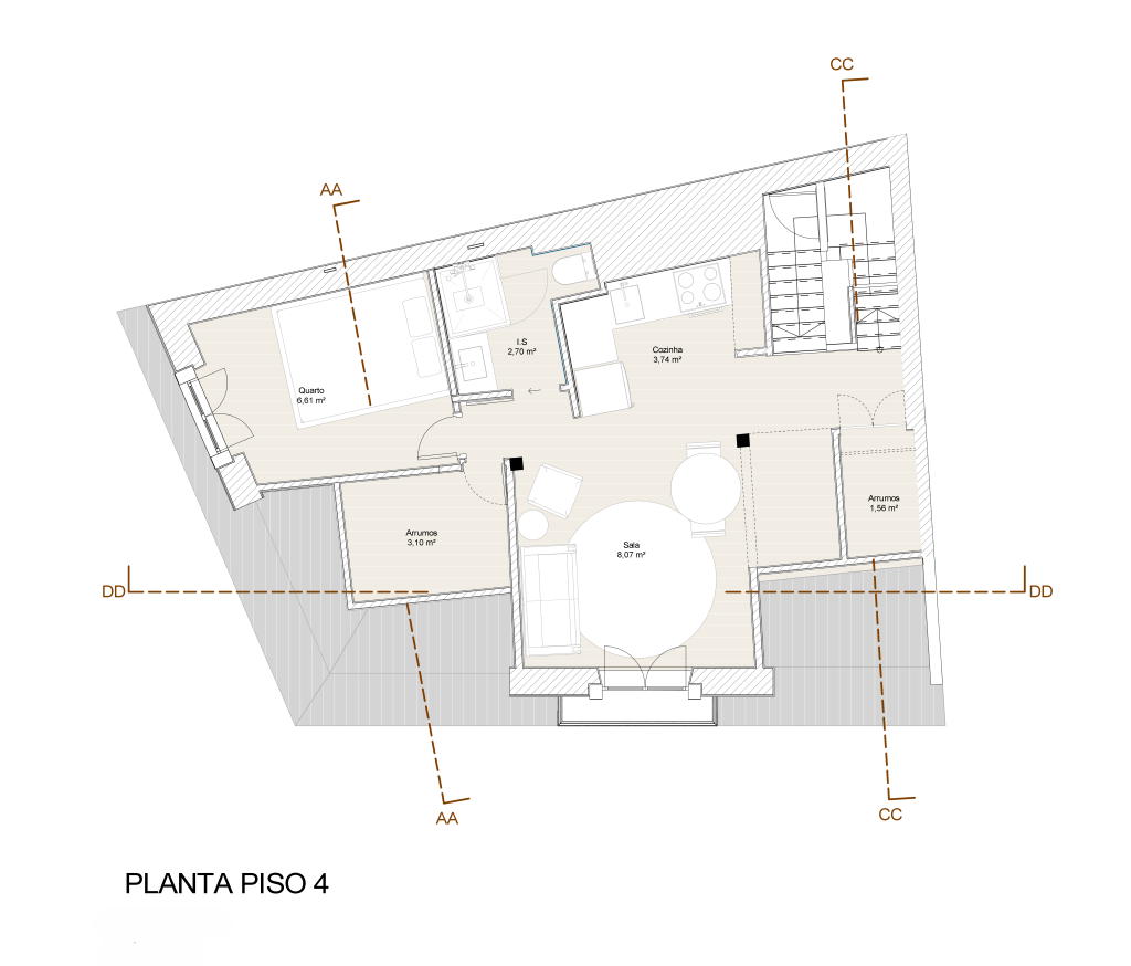 Planta apresentando a Proposta e layout Piso 4 no projeto Lapa, localizado em Lisboa, Portugal.