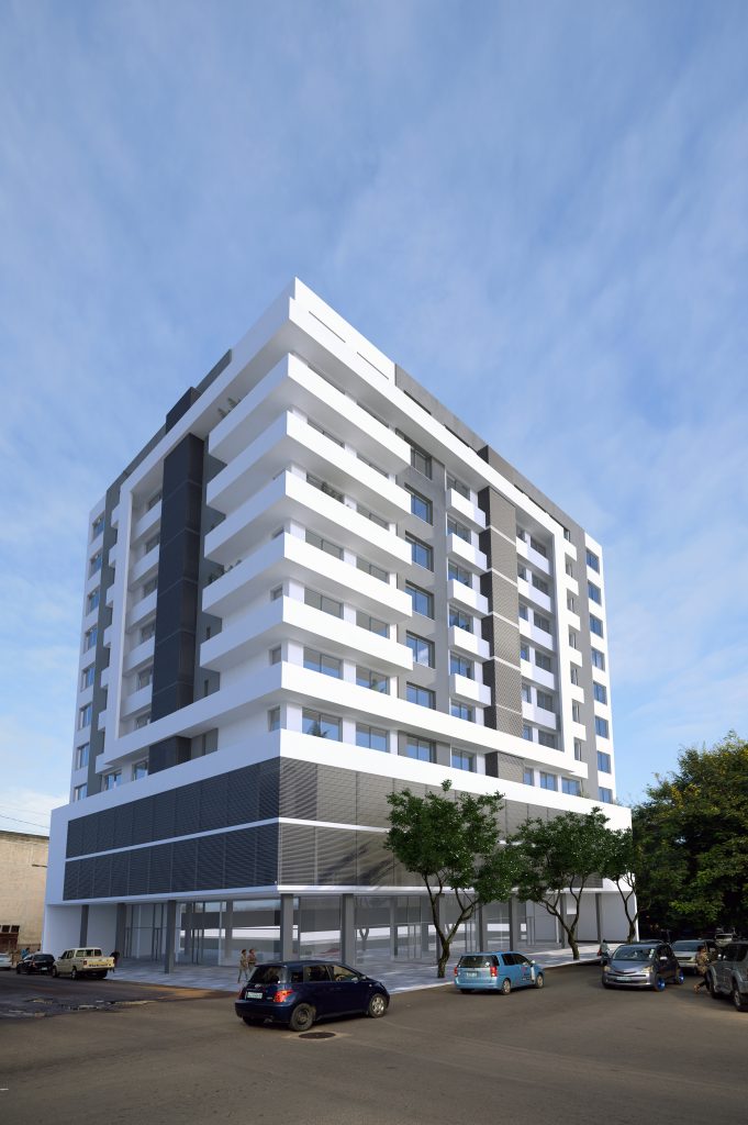 Imagem tridimensional apresentando o Enquadramento do edifício proposto no projeto Maputo, localizado em Maputo, Moçambique.