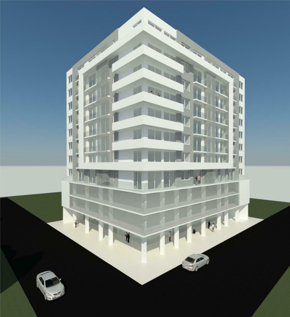 Imagem tridimensional apresentando o Estudo do edifício, ritmo, cores e escala no projeto Maputo, localizado em Maputo, Moçambique.