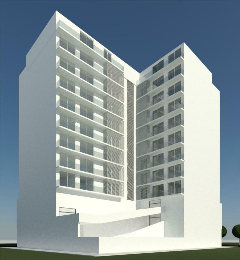 Imagem tridimensional apresentando o Estudo do tardoz do edifício, acessos ao estacionamento no projeto Maputo, localizado em Maputo, Moçambique.
