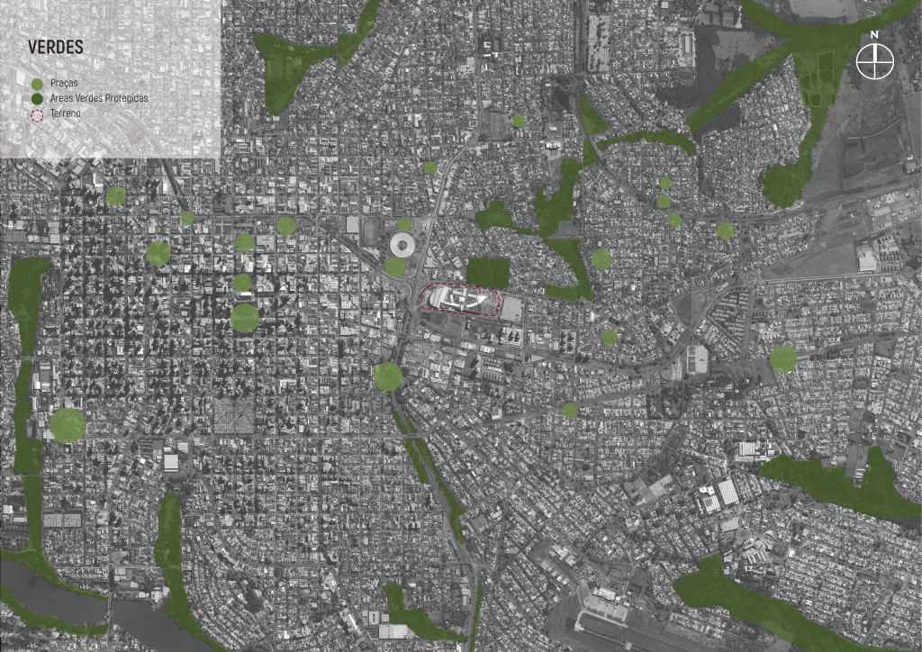 Diagrama apresentando a Análise das áreas verdes na envolvente no projeto Masterplan Londrina, localizado em Londrina, Brasil.