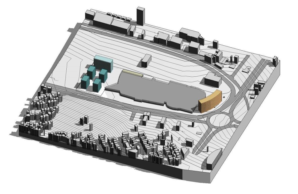 Axonometria apresentando a Proposta volumétrica e escala no projeto Masterplan Londrina, localizado em Londrina, Brasil.