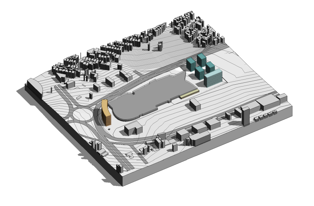 Axonometria apresentando a Proposta volumétrica e escala no projeto Masterplan Londrina, localizado em Londrina, Brasil.