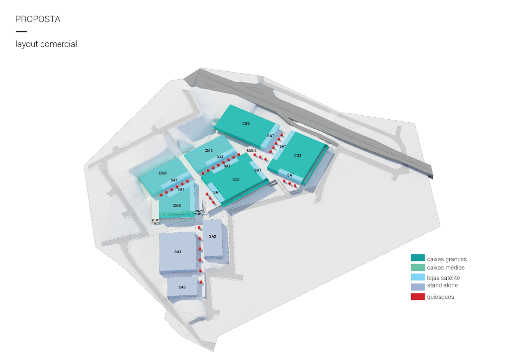 Axonometria apresentando o Layout comercial de diferentes tipos no projeto Nova Iguaçu, localizado em Rio de Janeiro, Brasil.