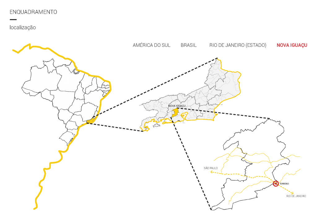 Diagrama apresentando o Enquadramento e localização no projeto Nova Iguaçu, localizado em Rio de Janeiro, Brasil.