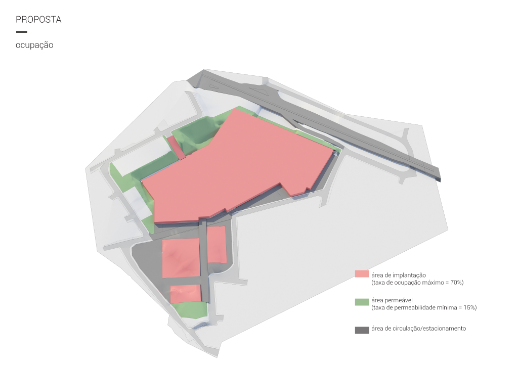 Axonometria apresentando o Estudo de ocupação no projeto Nova Iguaçu, localizado em Rio de Janeiro, Brasil.