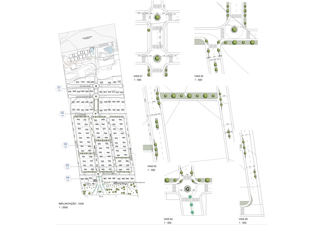 Planta apresentando o Traçado viário e dimensionamento no projeto Uhane, localizado em Rio Grande do Norte, Brasil.
