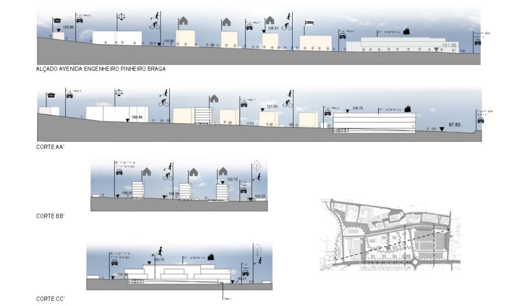 Cortes apresentando o Proposta e escala no projeto Vila Nova de Famalicão Masterplan, localizado em Braga, Portugal.