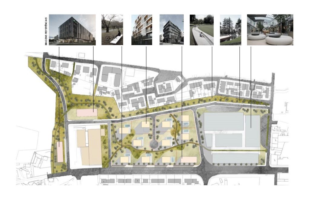 Planta apresentando o Proposta de usos e referências no projeto Vila Nova de Famalicão Masterplan, localizado em Braga, Portugal.