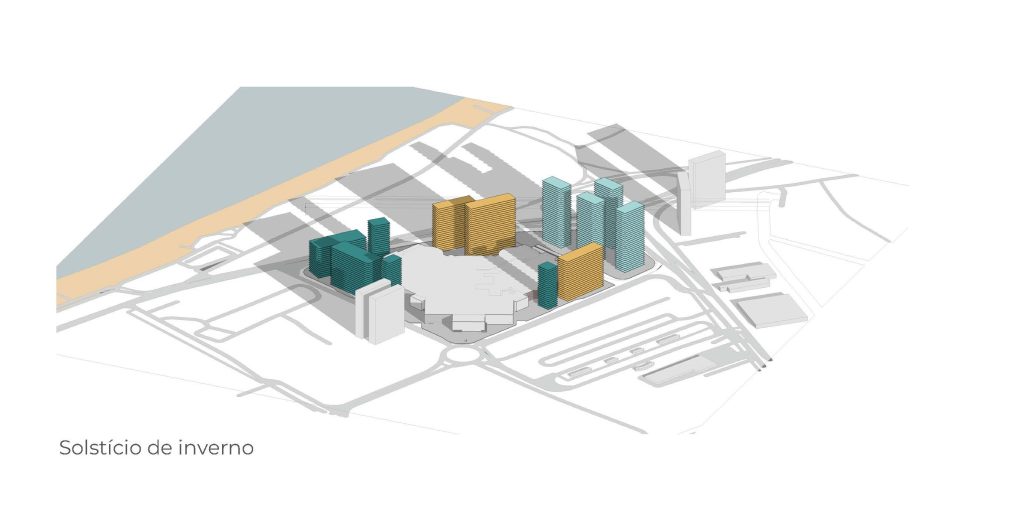 Axonometria apresentando o Estudo de sombras dos volumes no solstício de verão no projeto Masterplan Vila Velha, localizado em Espírito Santo, Brasil.