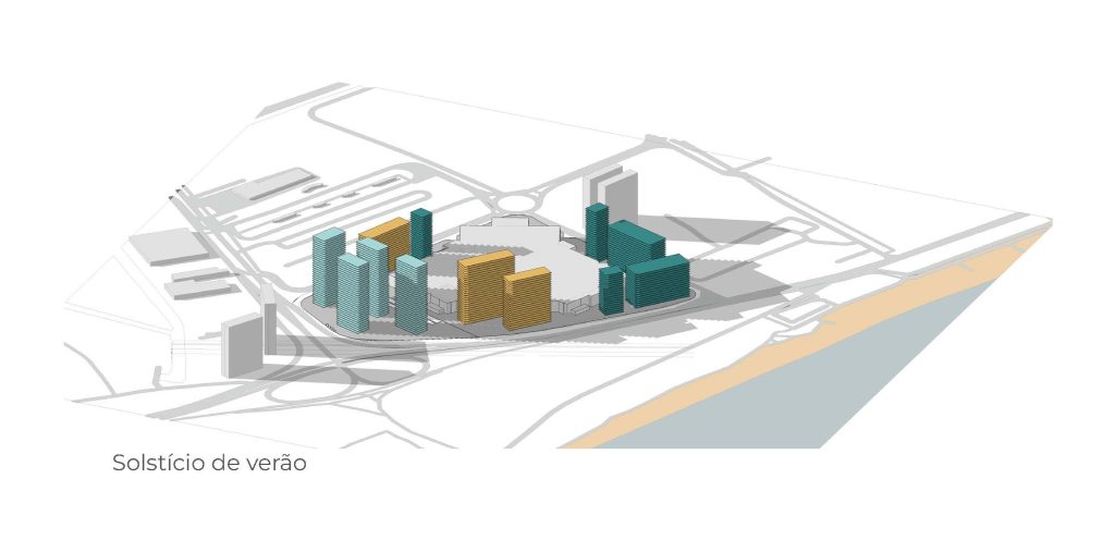 Axonometria apresentando o Estudo de sombras dos volumes no solstício de inverno no projeto Masterplan Vila Velha, localizado em Espírito Santo, Brasil.