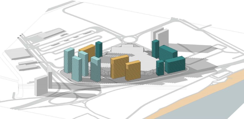 Axonometria apresentando o Estudo de sombras dos volumes no solstício de inverno no projeto Masterplan Vila Velha, localizado em Espírito Santo, Brasil.