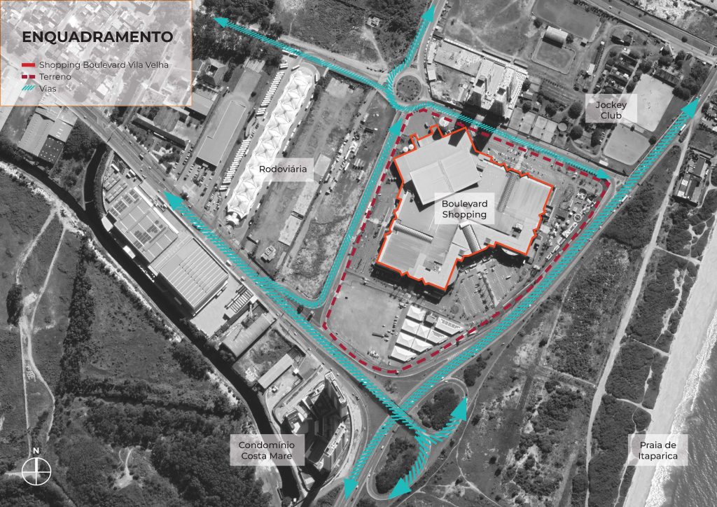 Diagrama apresentando a Análise do enquadramento urbano no projeto Masterplan Vila Velha, localizado em Espírito Santo, Brasil.