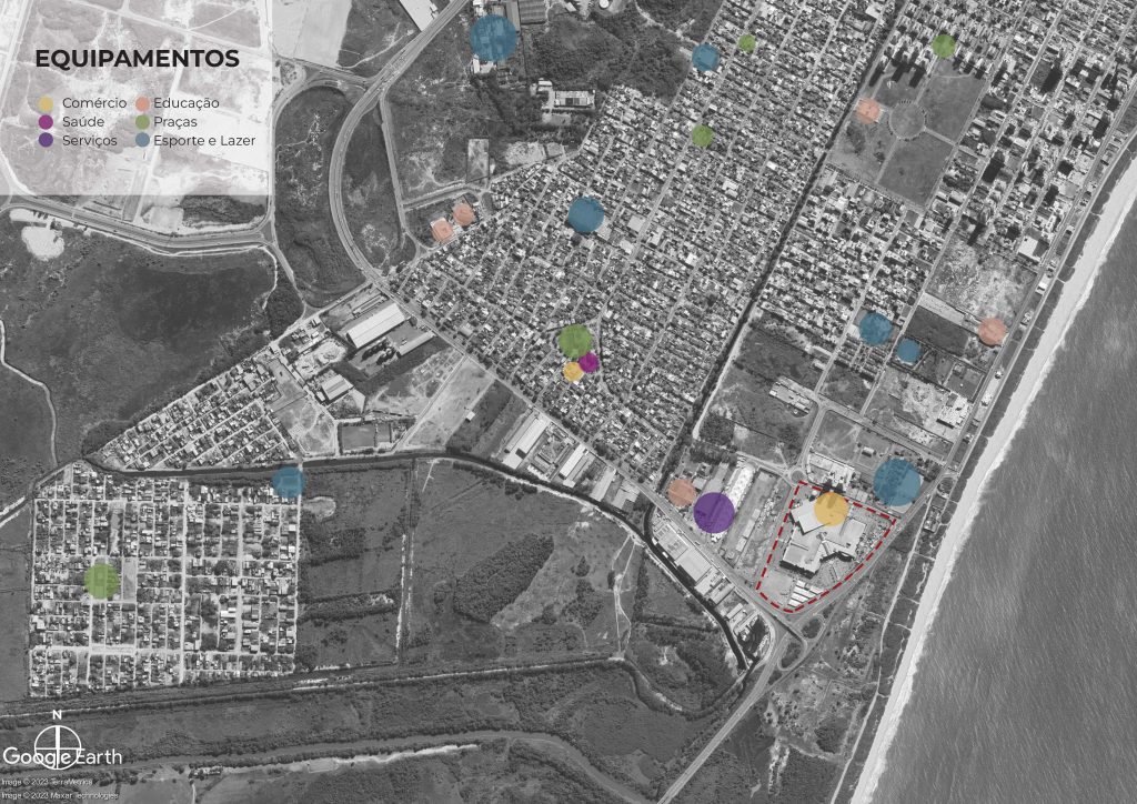 Diagrama apresentando a Análise dos equipamentos no contexto urbano no projeto Masterplan Vila Velha, localizado em Espírito Santo, Brasil.