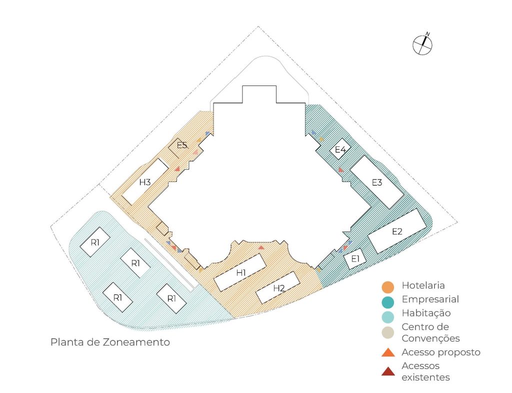 Planta apresentando a Proposta de zoneamento e usos no projeto Masterplan Vila Velha, localizado em Espírito Santo, Brasil.