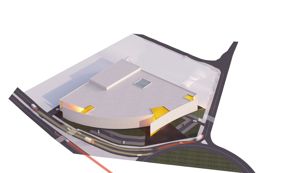Axonometria apresentando o conceito de Vista aérea no projeto Moz Shopping Center, localizado em Maputo, Moçambique.