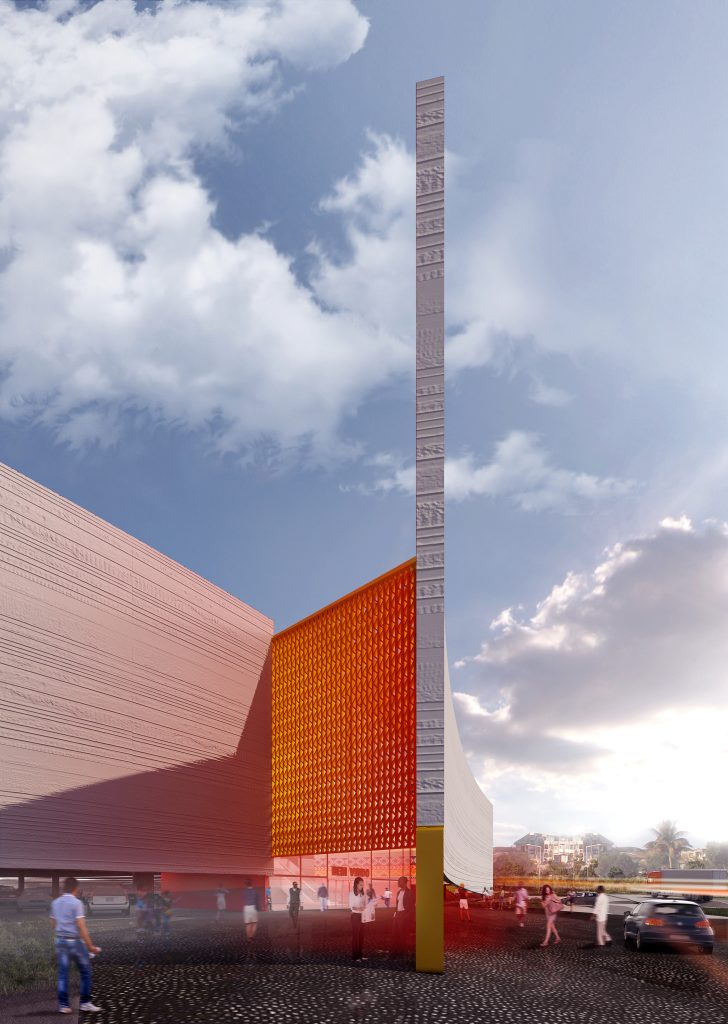 Imagem tridimensional apresentando o conceito de entrada 1 no projeto Moz Shopping Center, localizado em Maputo, Moçambique.