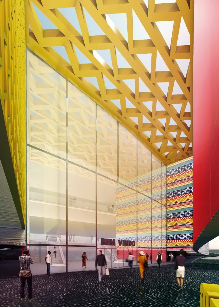Imagem tridimensional apresentando o conceito de Entrada 2 no projeto Moz Shopping Center, localizado em Maputo, Moçambique.
