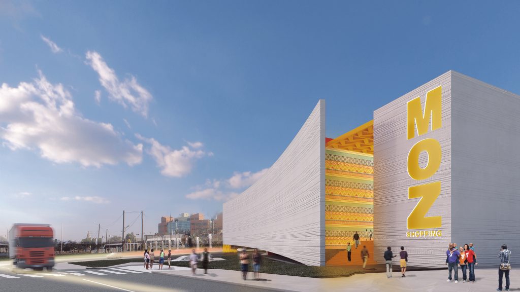 Imagem tridimensional apresentando o conceito de Perspetiva externa no projeto Moz Shopping Center, localizado em Maputo, Moçambique.
